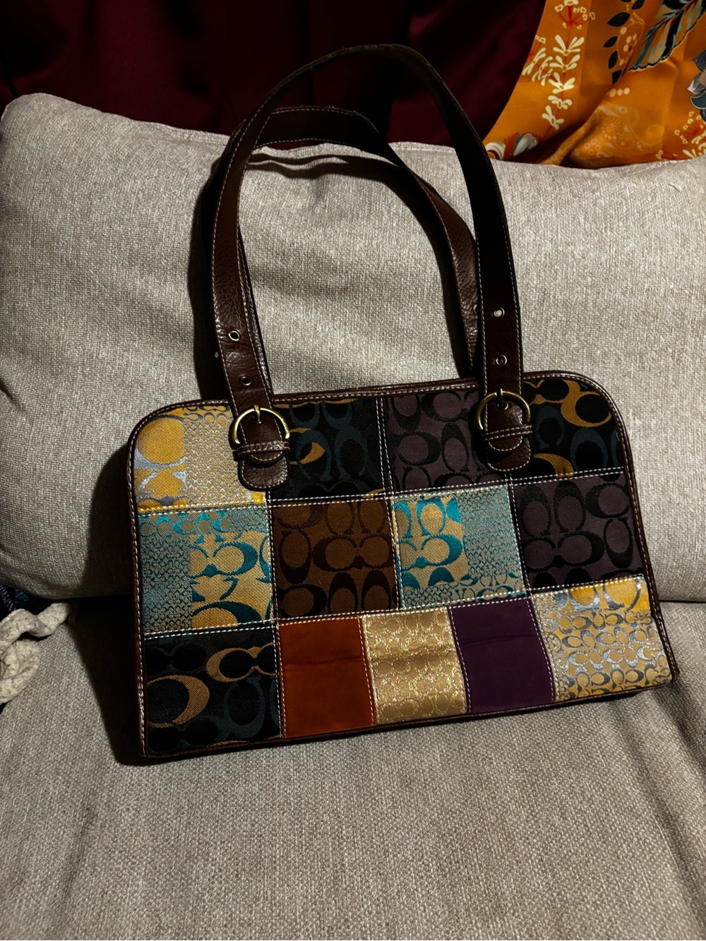 Coach Patchwork Signature Shoulder Bag in Multicolor with Brown Leather